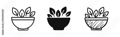 Healthy Salad Bowl Icon Set - Fresh Organic Food and Vegetarian Meal Symbols