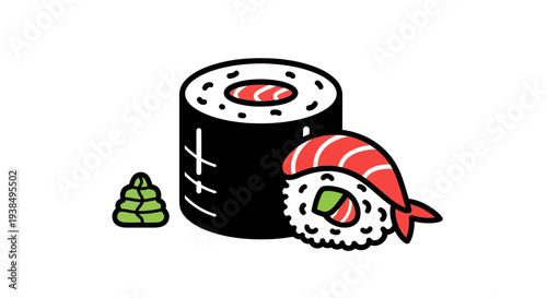 Sushi rolls and wasabi on white background