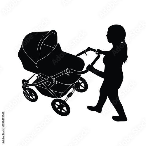 Woman pushing baby stroller in dynamic motion with confidence