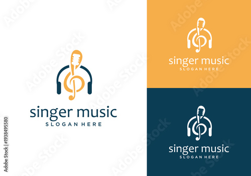 treble clef music vector logo design template with microphone logo element for recording studio. vocals, singer karaoke music logo design,	