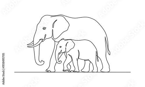Continuous single one line drawing of baby elephant and mom wildlife animal vector illustration 