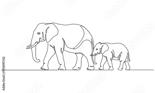 Continuous single one line drawing of baby elephant and mom wildlife animal vector illustration 