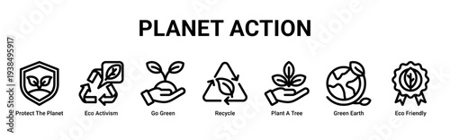 Planet Action web banner icon vector illustration featuring Protect The Planet,Eco Activism,Go Green,Recycle,Plant A Tree,Green Earth,and Eco Friendly icons promoting global action.