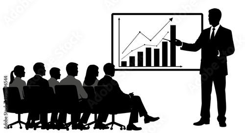 Business meeting: silhouette of speaker presenting growth chart to seated audience