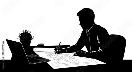 Architectural Draftsman Silhouette Working on Blueprint at Desk with Laptop and Plant