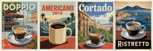 Set of four vintage-style coffee travel posters, featuring Doppio, Americano, Cortado, and Ristretto with European city backdrops in warm, illustrative, retro design.