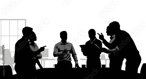 Business meeting conflict, disagreement, pointing fingers, team argument, office silhouette