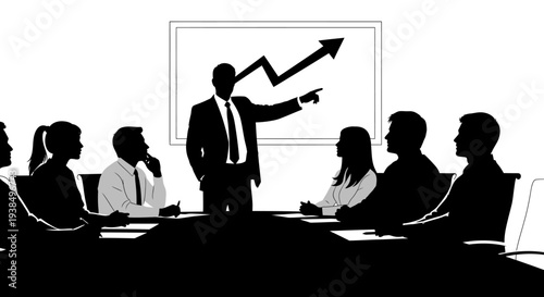 Business meeting: leader points to growth chart, team listens in silhouette