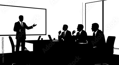 Business Meeting Presentation: Speaker Addressing Colleagues in Boardroom Silhouettes