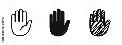 Stop hand gesture icon set in line, solid, and sketch styles. Human palm prohibition symbol collection vector.