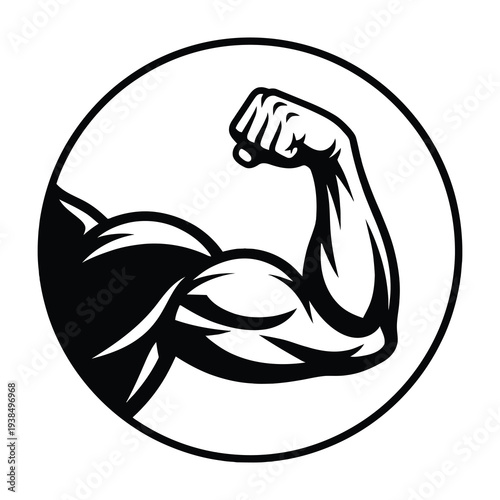 Muscular arm flexing in circle frame for fitness and strength concepts