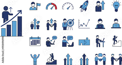 Business productivity icons set, teamwork collaboration, growth success, innovation strategy, planning tools, performance measurement, professional development, digital communication design