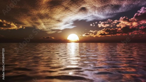 Tranquil ocean sunset with vibrant clouds and the sun reflecting on the calm water creating a serene seascape