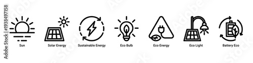 Solar Power web banner icon vector illustration featuring Sun,Solar Energy,Sustainable Energy,Eco Bulb,Eco Energy,Eco Light,and Battery Eco icons promoting renewable electricity solutions.