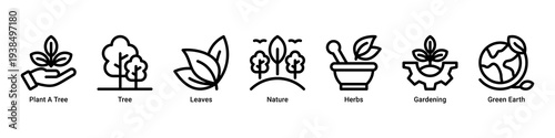 Forest Growth web banner icon vector illustration featuring Plant A Tree,Tree,Leaves,Nature,Herbs,Gardening,and Green Earth icons symbolizing ecosystem restoration.