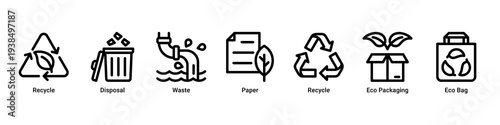 Waste Control web banner icon vector illustration with Recycle,Disposal,Waste,Paper,Eco Packaging,and Eco Bag icons representing waste reduction and recycling management.