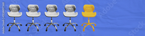 Selected candidate concept. One highlighted office chair among others in workplace. Leadership, hiring decision and employee selection metaphor. Collage halftone vector Illustration
