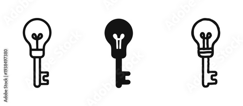 Idea key icon set in line, solid, and sketch styles. Solution and innovation concept symbols vector.
