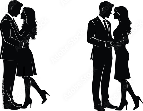 Romantic couple silhouettes, love relationship icons, intimacy design, affection posture illustration, emotional connection, formal attire figures, romance interaction symbols
