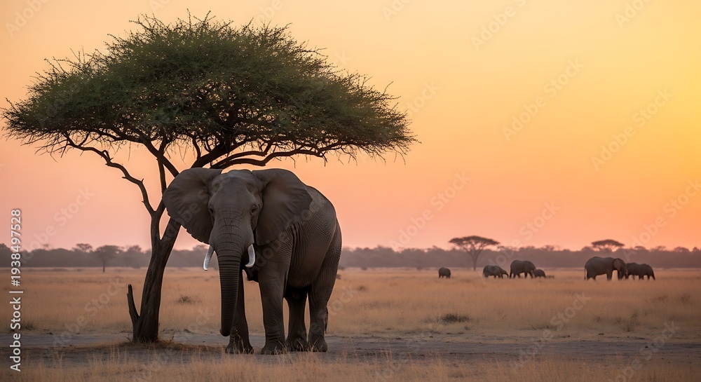 Fototapeta premium Elephant Resting Under Acacia Tree at Sunset in African Savanna.