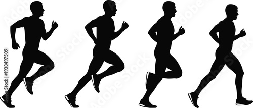 Running silhouettes motion sequence, athletic stride illustration, human biomechanics study, sports training design, fitness movement cycle, dynamic exercise posture icons