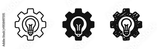 Innovation process icon set with gear and lightbulb in line, solid, and sketch styles. Smart engineering symbols vector.