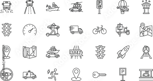 Transportation travel navigation icons set, urban mobility line symbols, vehicle parking traffic map scooter bicycle rocket steering wheel design