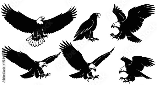 Collection of Bald Eagle Silhouettes in Dynamic Flight and Perched Poses