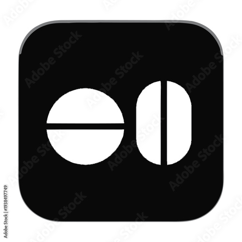 Black icon with white pills on a white background symbolizing medicine and health