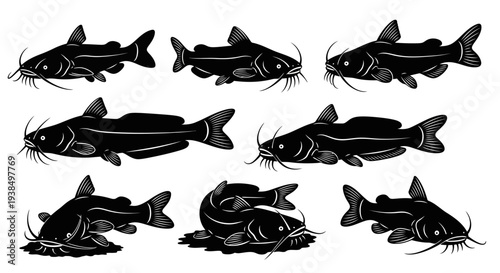 Collection of Black Catfish Silhouettes on White Background