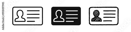 ID card and profile icon set in line, solid, and sketch styles. User identification and access badge symbols vector.