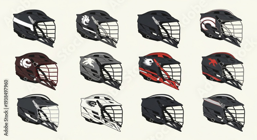 Collection of diverse sports helmets with protective face cages.