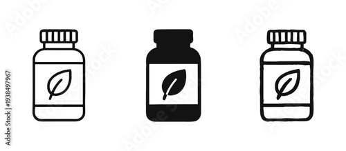 Natural product bottle icon set with leaf label in line, solid, and sketch styles. Organic supplement symbols vector.