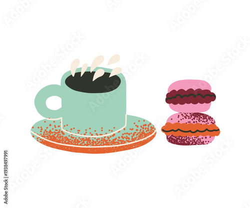Hand drawn cup of coffee with sweet macaroons. Trendy bold texture, apparel print design, cafe wall decoration poster