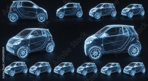 Futuristic Holographic Smart Cars Displayed in Multiple Angles.