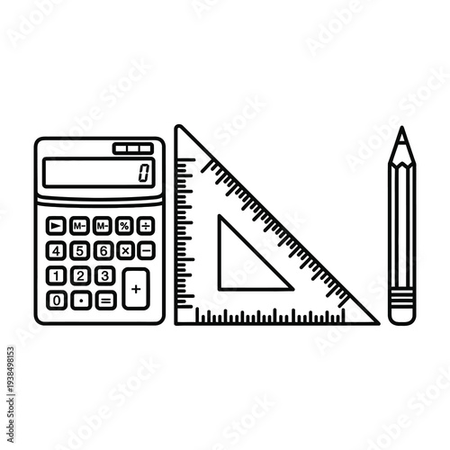 Stationery tools for math and drawing calculator ruler and pencil on white background for education and office use
