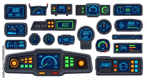 Collection of futuristic digital dashboards and control panels.