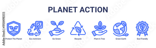 Planet Action web banner icon vector illustration featuring Protect The Planet,Eco Activism,Go Green,Recycle,Plant A Tree,Green Earth,and Eco Friendly icons promoting global action.