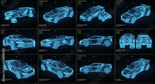Collection of futuristic holographic car designs displayed in a grid.
