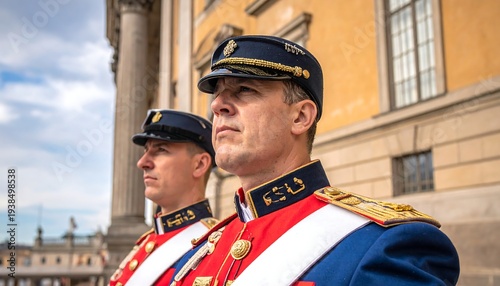 Two men in ornate uniforms stand outside a grand, yellow building, looking into the distance with serious expressions