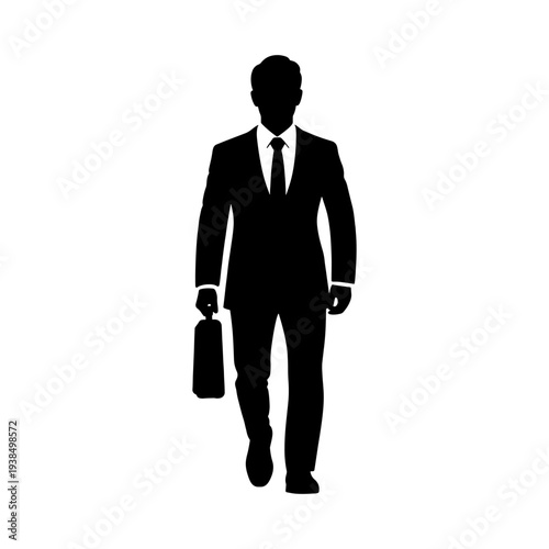 A sharply dressed businessman confidently walking forward with a briefcase a striking silhouette