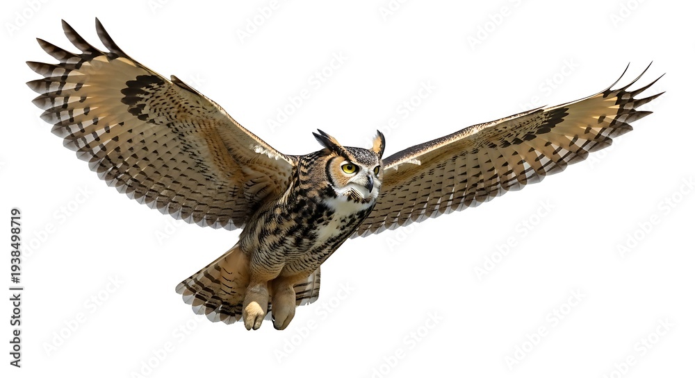 Fototapeta premium An owl with brown and white feathers in mid-flight against a white background