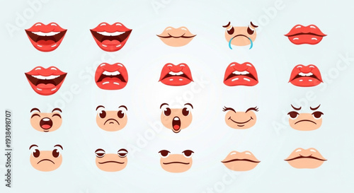 Collection of expressive cartoon lips and eyes with various emotions.