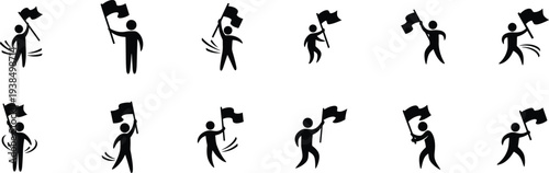 Silhouette of people holding flags in various poses in minimalist style with dramatic lighting on white background for graphic design