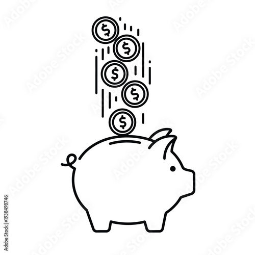 Piggy bank receiving coins illustration for savings.