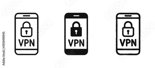 Smartphone with VPN and Padlock Icon Set for Mobile Security, Safe Browsing, and Device Privacy