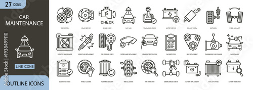 Car maintenance icons set representing vehicle service, repair tools, engine check, oil change, tire service, garage inspection and automotive care concepts.