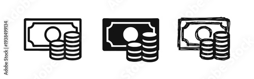 Money and Coins Payment Icon Set: Financial Currency Cash Symbols with Banknote and Coin Stacks in Various Styles