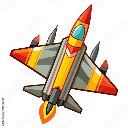 Vibrant cartoon fighter jet soaring through the sky with flames