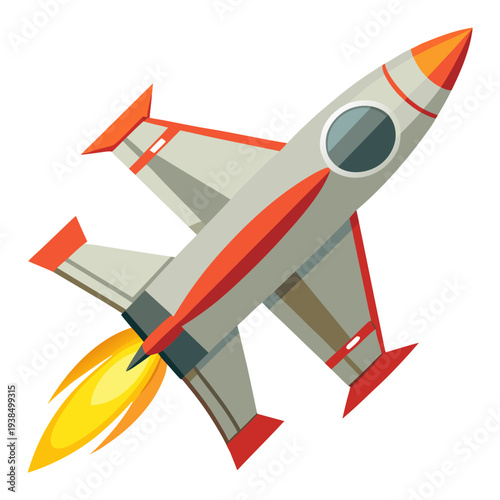 Rocket soaring through sky with vibrant flames propelling it forward